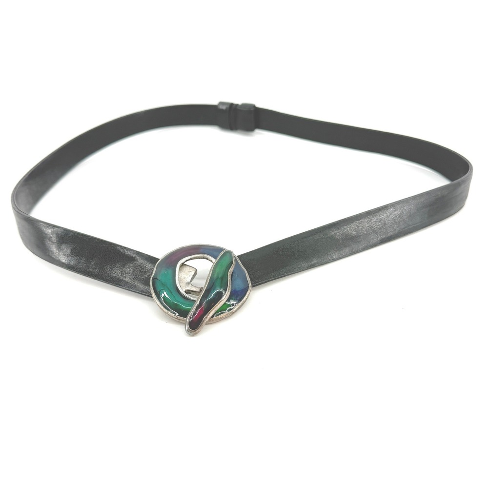 Chicos Enamel Buckle Belt Womens ML Black Leather Multi Color Artisan Vintage
